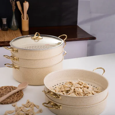 Evren 6 Parça 34 Cm Cream Ezme Seri Buharlı Pişirici, Mantı Tencere Seti 12 Lt